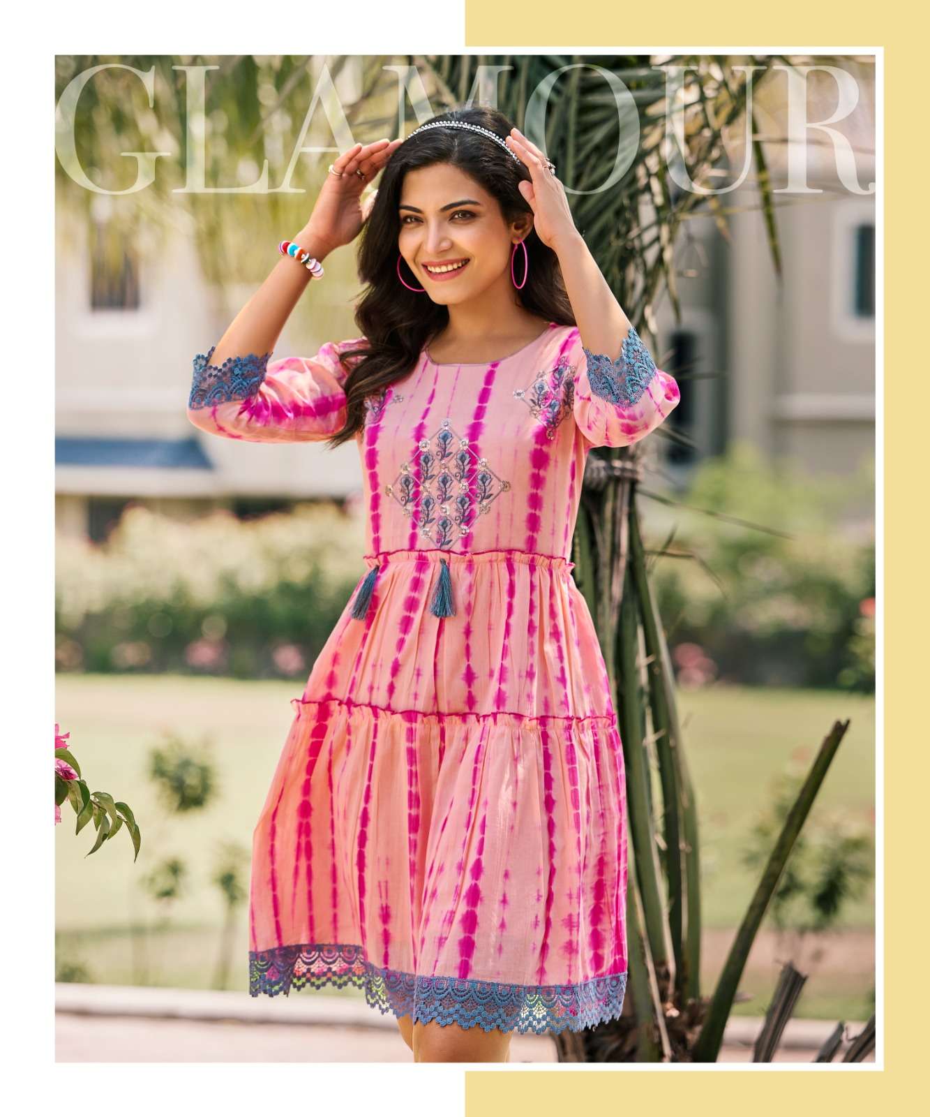 RICHGIRL MULL COTTON SEQUENCE, EMBROIDERY AND HANDWORK FANCY TUNICS WITH SHADES OF SHIBORI PRINT BY RANGJYOT BRAND 1007 C